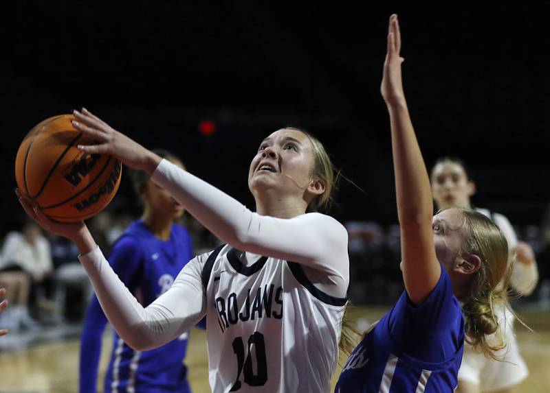 Cary-Grove's Alivia Nielsen shoots the ball in front of Burlington Central's Ashley Waslo during a Fox Valley Conference basketball game  on Tuesday, Jan. 14, 2025, at Now Arena in Hoffman Estates.