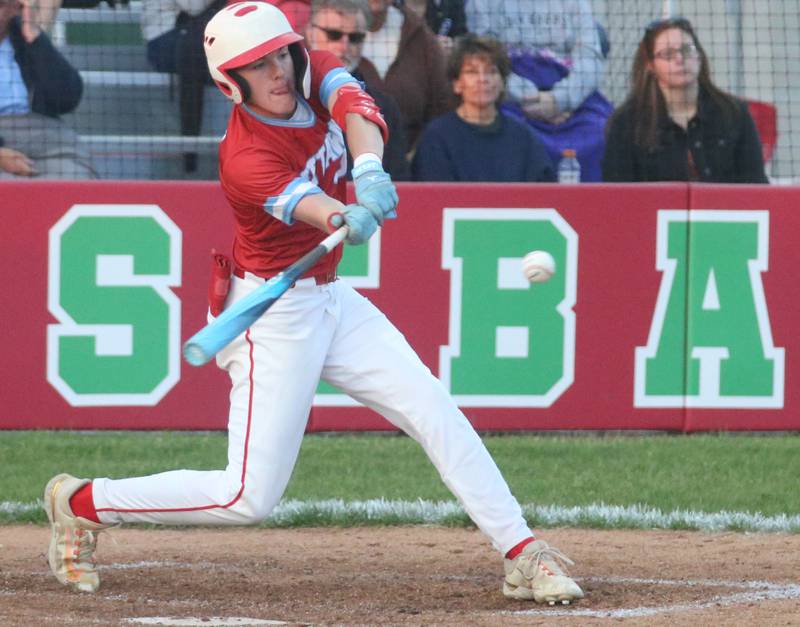 Jaxon Cooper makes contact with the ball against Plano during the Class 3A Regional semifinal game on Wednesday, May 22, 2024 at Huby Sarver Field in La Salle.
