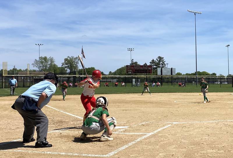 The La Salle-Peru battery of pitcher Chloe Mitchell and catcher Paige Kirkman prepares their first pitch of the game against Rock Island leadoff hitter Taylor Pannell on Saturday, May 28, 2022, in the Class 3A Dunlap Regional championship game.