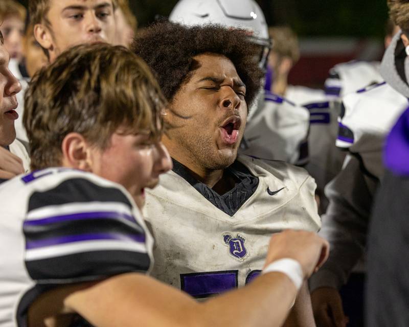 Jayden Neal (76) of Dixon shouts in celebration after win against Streator on Friday, October 17, 2025 at Streator High School in Streator.