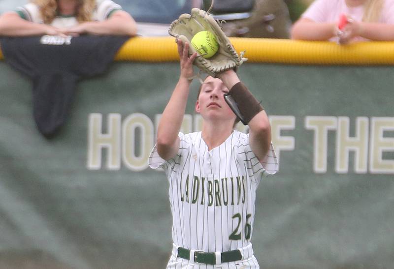 St. Bede's Emma Slingsby reaches up to squeeze her glove to make an out against Seneca on Monday, May 12, 2025 at St. Bede Academy.