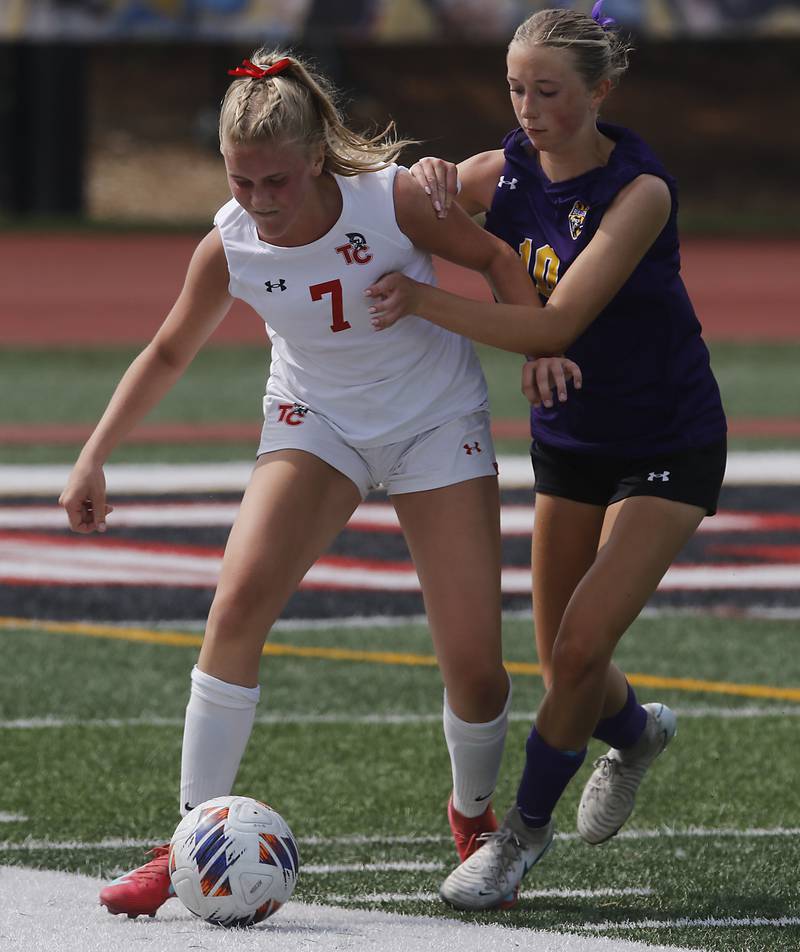 Timothy Christian's Alivia DeBoer battles with Williamsville's Ella Plumb for the ball in the IHSA Class 1A State Girls Soccer third-place match on Friday, June 6, 2025, at North Central College in Naperville.