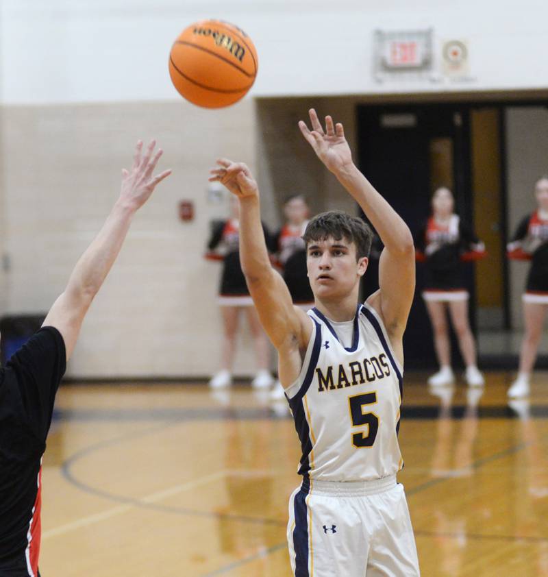 Polo's Gus Mumford (5) shoots a three-pointer against Earlville on Monday, Feb. 10, 2025 at Polo High School.
