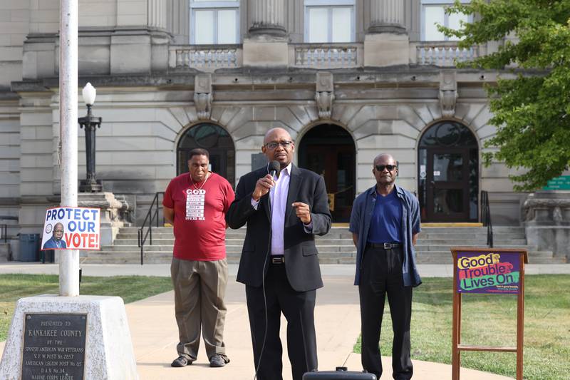 State Rep. Will Davis, D-Homewood speaks during a "Good Trouble Lives On" rally held in Kankakee as part of a national day of peaceful protests on Thursday, July 17, 2025.