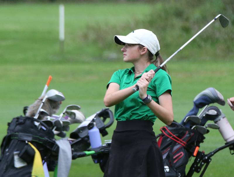 Seneca's Shelby Welsh tees off on the 8th hole during the Class 1A Regional golf meet on Thursday, Sept. 28, 2023 at Spring Creek Golf Course in Spring Valley.