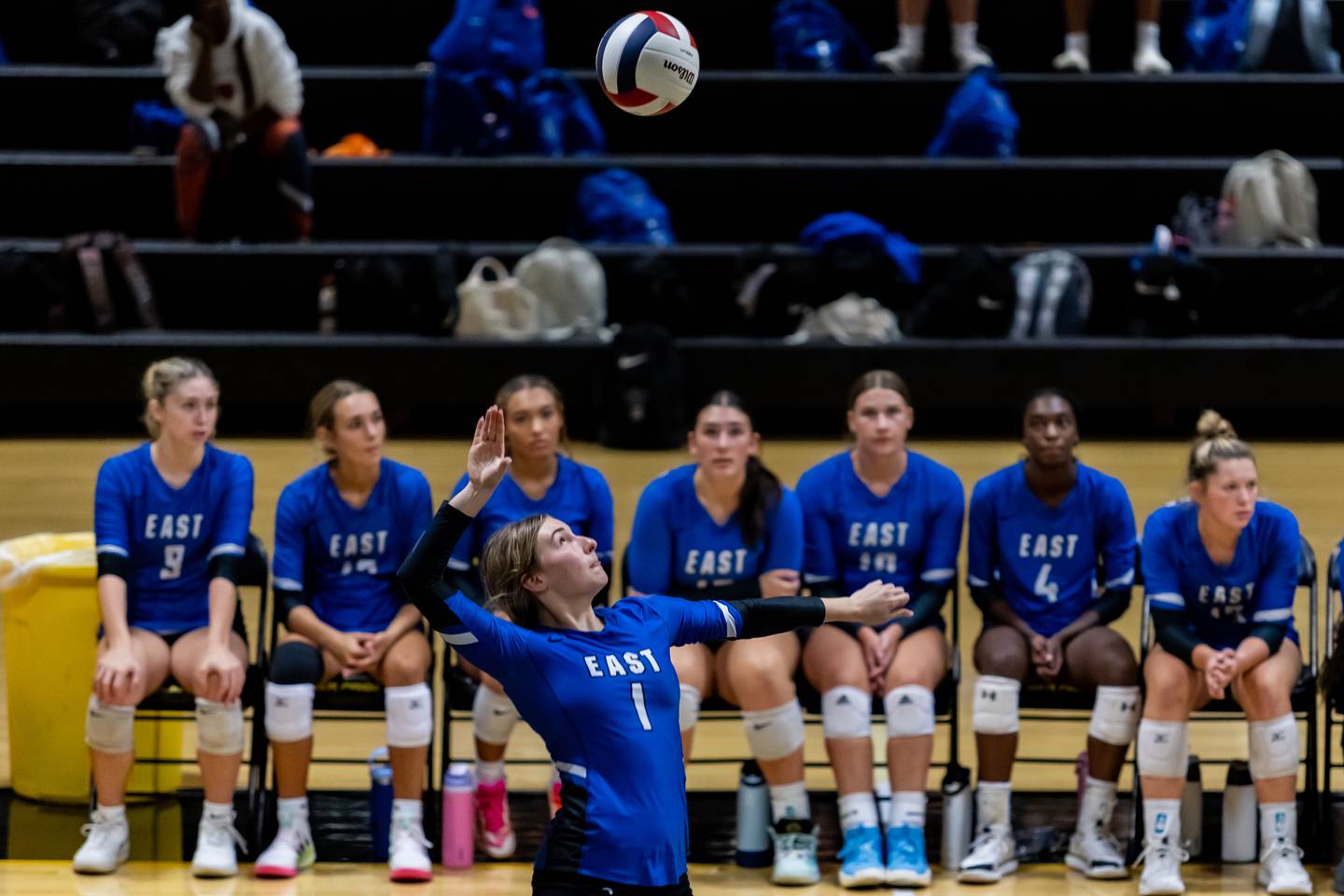Lincoln-Way East's Charlotte Buck makes an approach against Joliet West during a Varsity Volleyball match at Joliet West on Aug. 26, 2025.