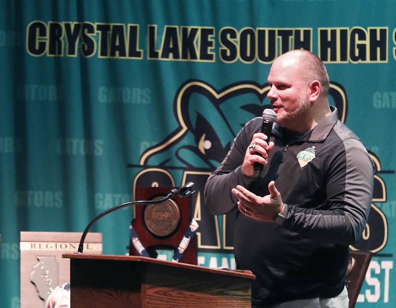 Crystal Lake South Head Coach Brian Allen talks about the team and their season during a celebration for the Crystal Lake South boys soccer team on Wednesday, Nov. 8, 2023, at Crystal Lake South High School. South defeated Peoria Notre Dame to win their second soccer state championship on Saturday.