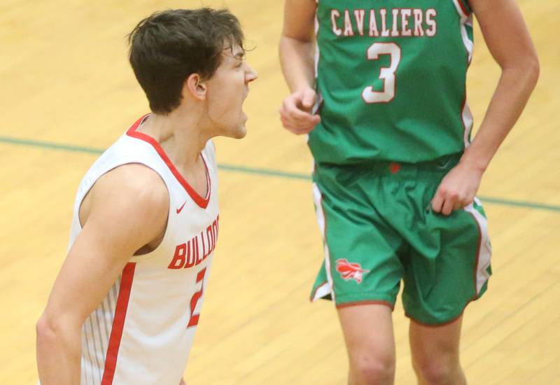 Streator's Matt Williamson reacts after hitting a jump shot against L-P during the Class 3A Regional title game on Friday, Feb. 28, 2025 in Sellett Gymnasium at L-P High School.