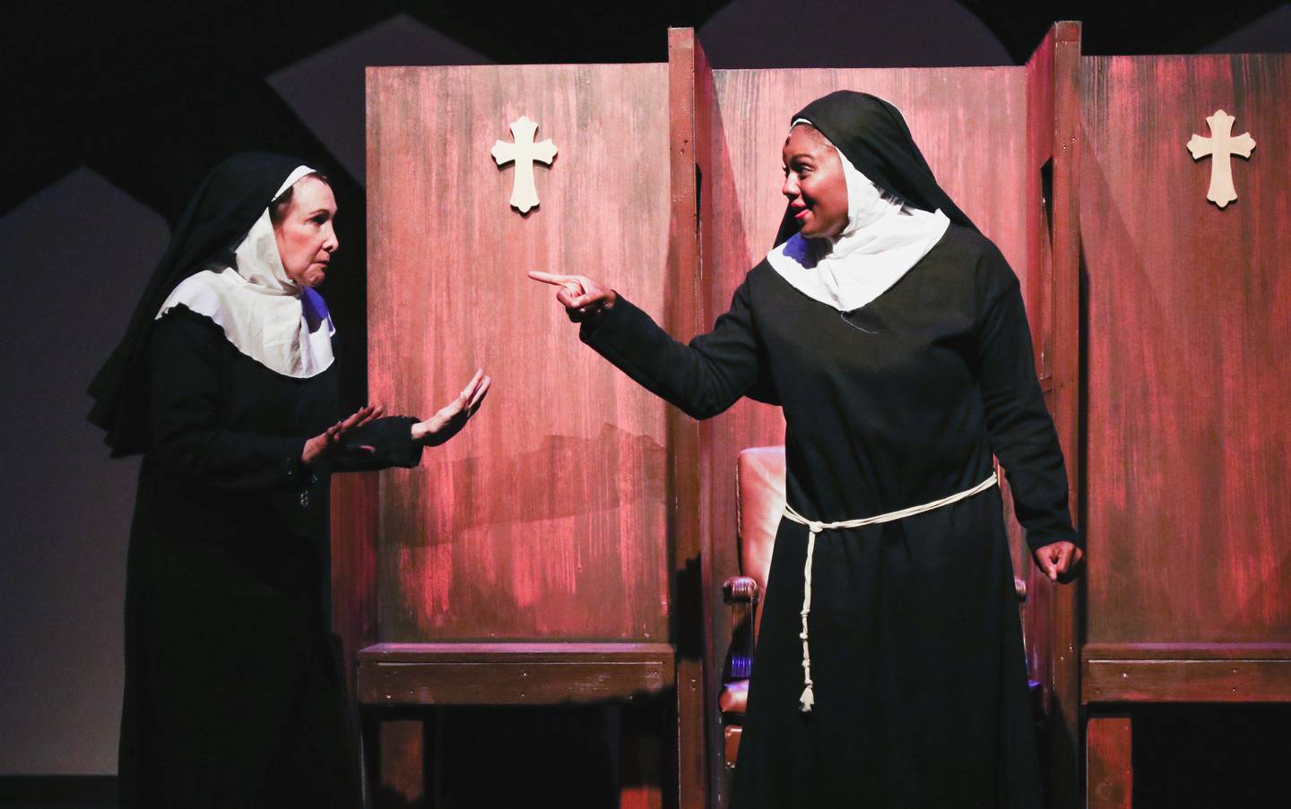 Lauren Miller (Mother Superior, from left), Natalie “Nat” Renee Savoy (Deloris Van Cartier) in "Sister Act" at Metropolis Performing Arts Centre.