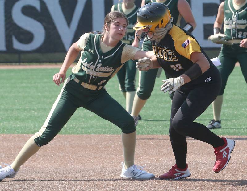 St. Bede's Lily Bosnich tags out Goreville's Reese Ray while trying to steal second base in the Class 1A State semifinal game on Friday, June 2, 2023 at the Louisville Slugger Sports Complex in Peoria.