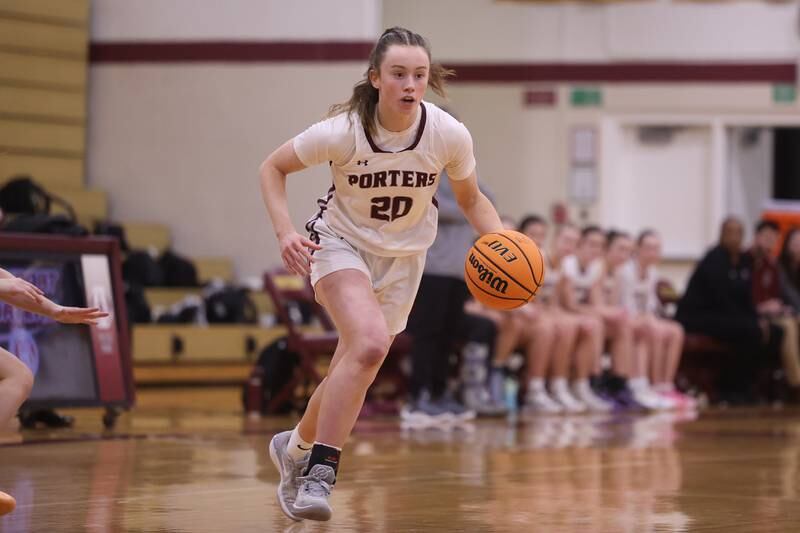 Lockport’s Lucy Hynes works the ball against Bradley-Bourbonnais on Thursday, Jan 16, 2025 in Lockport.