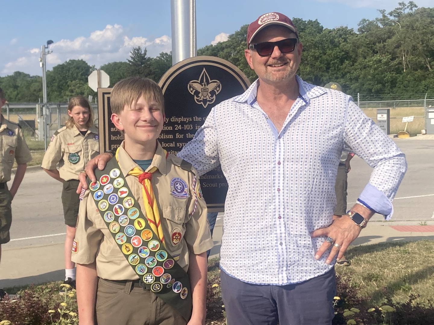 Mayor Steven Streit and newly minted Eagle Scout Zachary Dylkiewicz stand in front of the new Heritage Village flag pole. 
Wednesday, July 2, 2025.