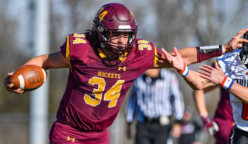 Richmond-Burton's Brock Wood fends off Stillman Valley's Madix Barrett during their IHSA Class 4A playoff game on Saturday, Nov. 6, 2021 in Richmond.