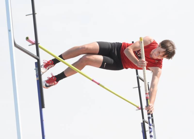 Erie's Parker Holldorf clears the bar in the pole vault at the1A Rockridge Sectional on Friday, May 19.