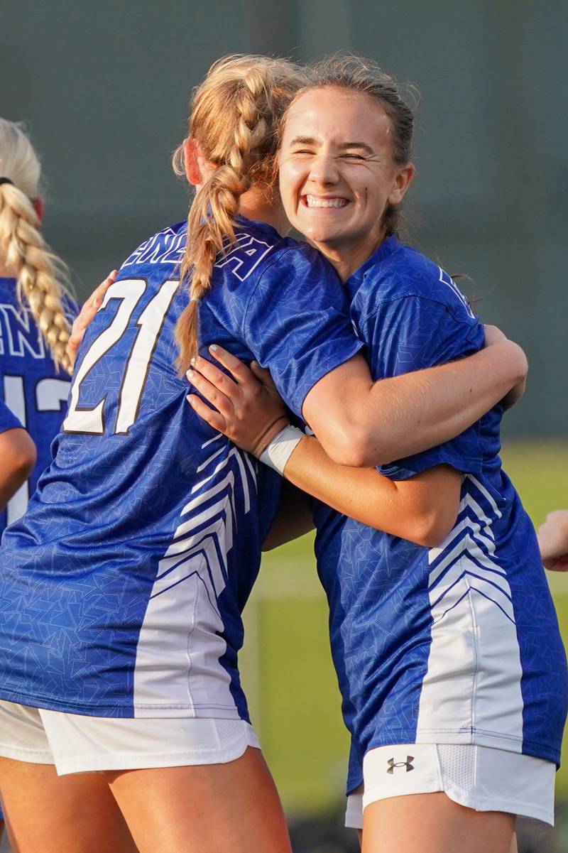Geneva’s Evyn Schokora (19) smiles after scoring a goal against Glenbard East during a Class 3A Glenbard East Regional semifinal soccer match at Glenbard East High School in Lombard on Tuesday, May 14, 2024.