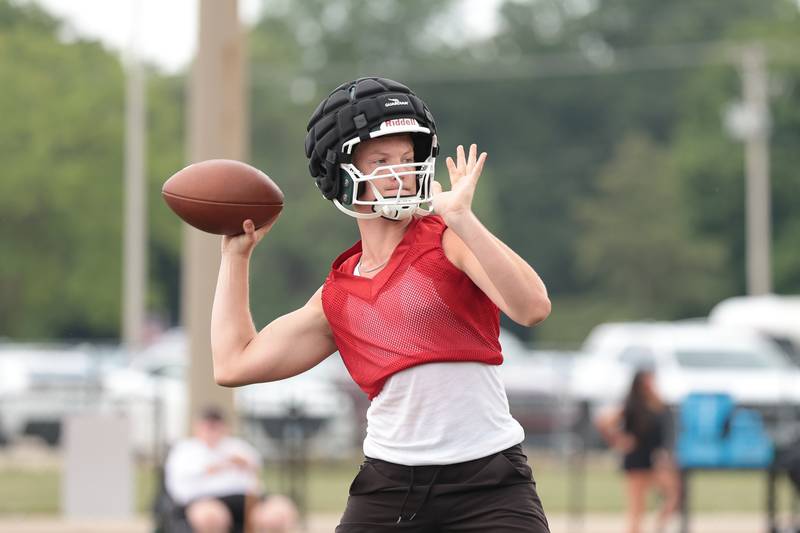 Plainfield Central's Tommy Morrisette looks to pass against Romeoville at Morris' 7-on-7 scrimmage on Tuesday, July 8, 2025 in Morris.