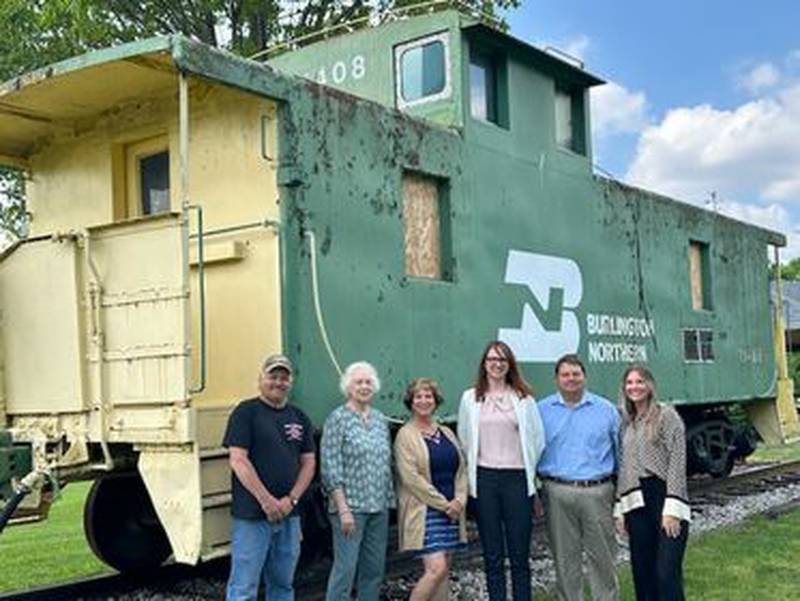 The Wenona Historical Society is accepting donations for the upcoming restoration of the caboose in uptown Wenona. Eureka Savings Bank will match each donation up to $1,000 until Sunday, June 30. Donations can be dropped off at any Eureka Savings Bank location, Wenona City Hall, or mailed to The Wenona Historical Society PO Box 533, Wenona, IL 61377. From left to right are Matt Zulz, Sandy Naylor, and Kris Klieber, members of the Wenona Historical Society; Eureka Savings Bank branch manager Heidi Ceballos; Eureka Savings Bank loan officer Brad Cook; and Eureka Savings Bank marketing specialist Tori Smoode.