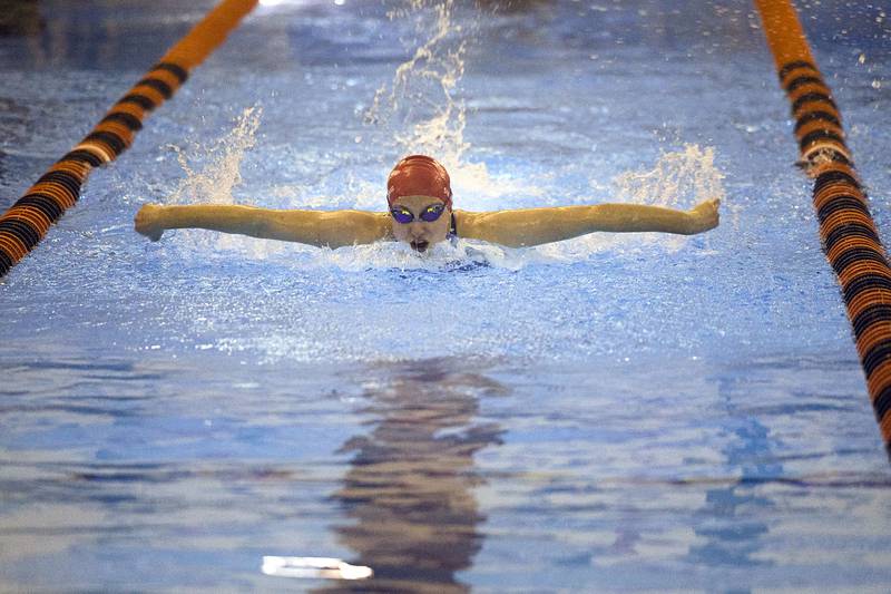 Morrison’s Landri Harmon competes in the 100 yard Butterfly Saturday, Nov. 5, 2022 at swimming sectionals in Byron.