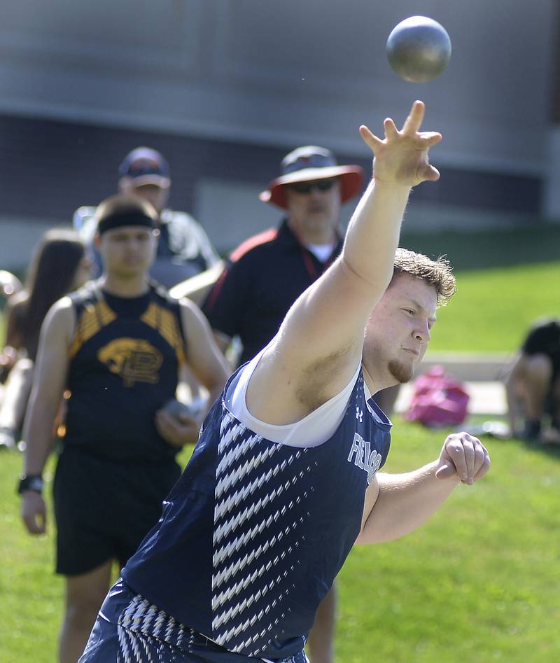 Fieldcrest’s Aiden Hurd competes in the shot put during the Rollie Morris Invite on Saturday, April 15, 2023 at Hall High School.