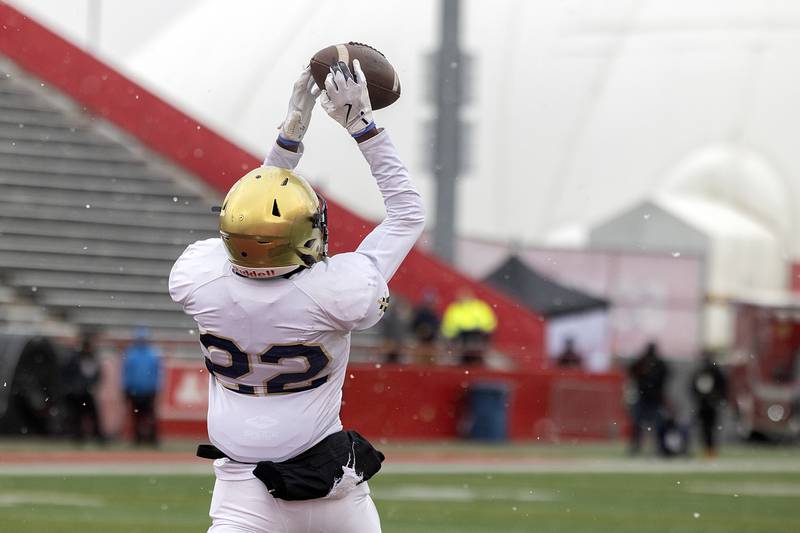 Althoff Catholic’s Lorne Green hauls in an interception against Lena-Winslow Friday, Nov. 29, 2024, in the class 1A football state final.