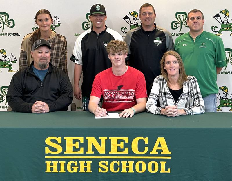 Seneca’s Chase Buis has signed to continue his education at Sauk Valley Community College in Dixon and his baseball career at the NJCAA level with the Skyhawks. Pictured here at his signing ceremony are (left to right): in front – Bobby Buis, Chase Buis and Karon Buis; in back – Lexie Buis, Tim Brungard, Dan McCarthy and Ted O’Boyle.