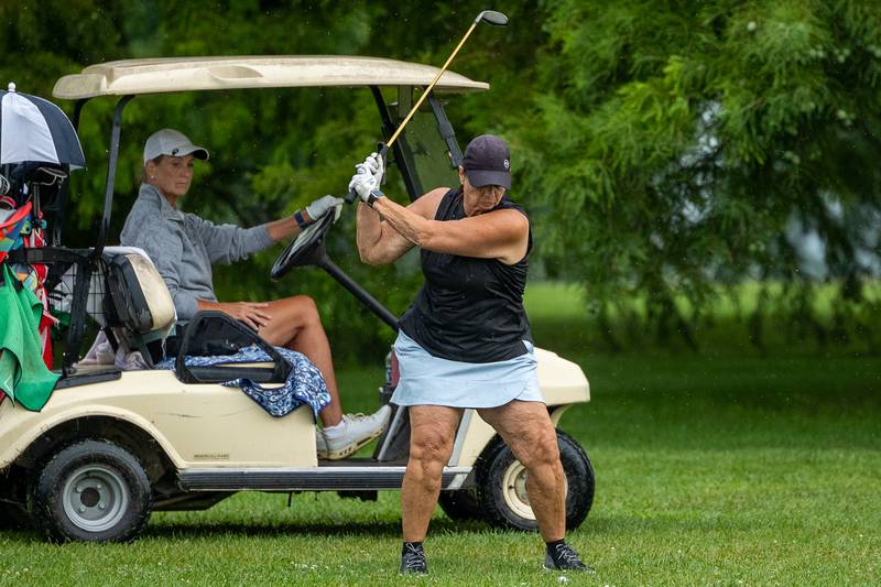 Stephanie Arduini of The Oaks at River's Edge hits on fairway on Saturday, August 10, 2025 at the annual Illinois Valley Women's Golf Tournament at Edgewood Golf Club in McNabb.