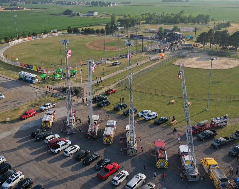 Firetrucks from Tonica, La Salle, Oglesby, Standard, Utica, La Salle and Peru attend the First Responder Appreciation Night during the Illinois Valley Pistol Shrimp baseball game at Schweickert Stadium on Tuesday, June 20, 2023 in Peru.