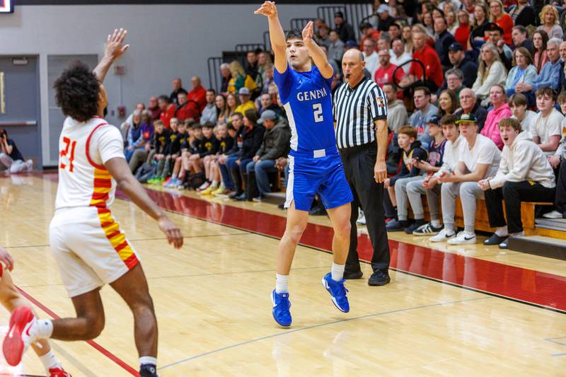 Geneva's Gabe Jensen shoots a three pointer against Batavia on Friday, Feb.6,2026 in Batavia.