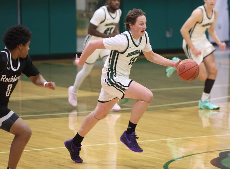 Kishwaukee College's Cam Davitz pushes the ball up court Thursday, Jan. 22, 2026, during their game at Kishwaukee College in Malta.