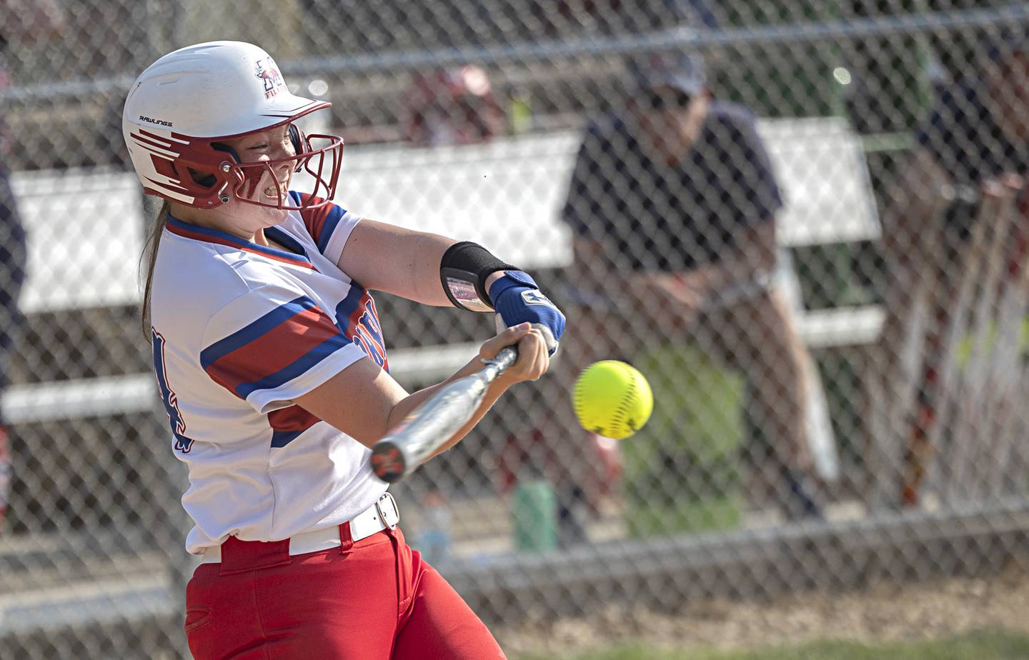 Morrison’s Allie Anderson drives the ball deep Wednesday, May 24, 2023 during a Class 1A sectional semifinal against West Central at St. Bede Academy.