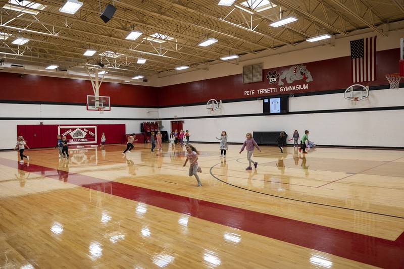 Students in PE class at East Coloma-Nelson burn off energy Thursday, Nov. 13, 2025. The school ranked in the top 10% of all Illinois schools in 2025.