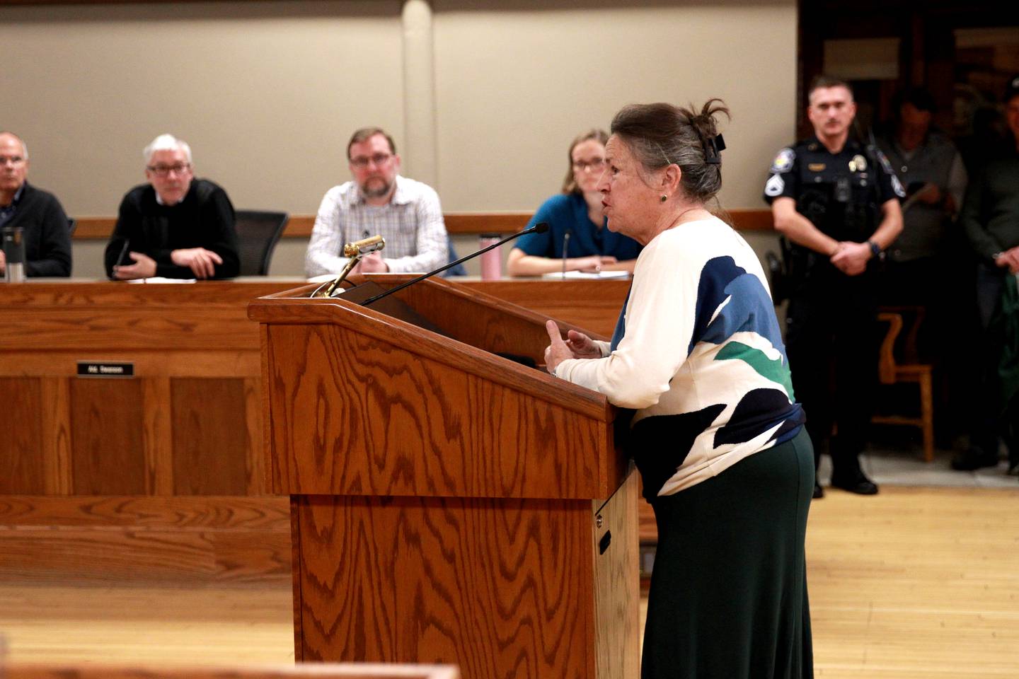 Geneva resident Ellen Ljung makes a public statement before the Geneva City Council on Monday, Nov. 18, 2024.