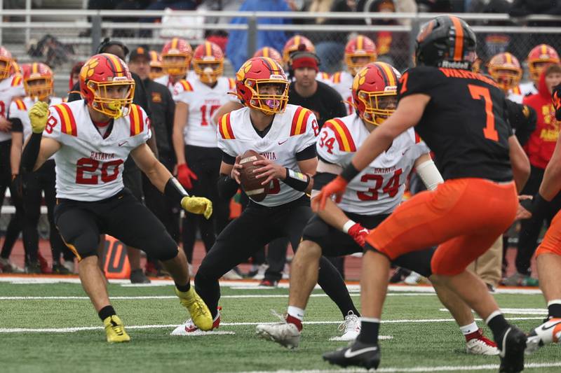 Batavia’s Michael Vander looks to pass against Lincoln-Way West on Saturday, Nov. 9, 2024 in New Lenox.