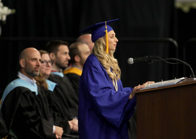 St. Charles North senior class president Natalia Petrucci addresses her classmates during the school’s 2023 commencement ceremony at Northern Illinois University in DeKalb on Monday, May 22, 2023.