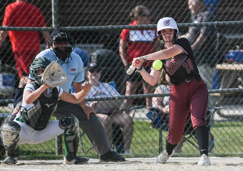 Richmond Burton's Rebecca Lanz swings at a pitch during a sectional semifinal game against Rock Falls Tuesday.