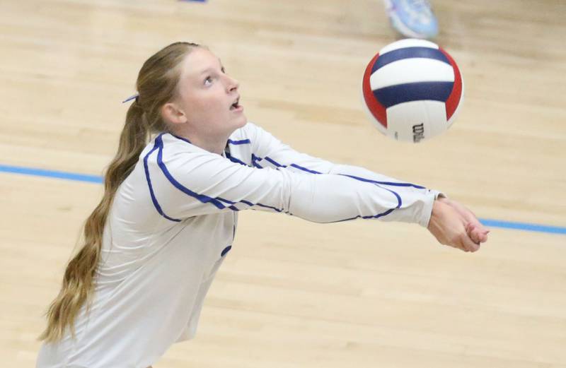 Newark's libero Morgen Hergenhahn returns a serve from Marquette on Wednesday, Aug. 27, 2025 in Bader Gymnasium.
