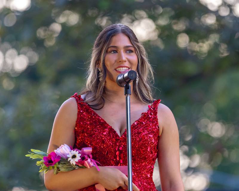 Ella Martin introduces herself to the audience during her first stage appearance at the Mendota Sweet Corn Festival pageant on August 8, 2025 in Mendota.