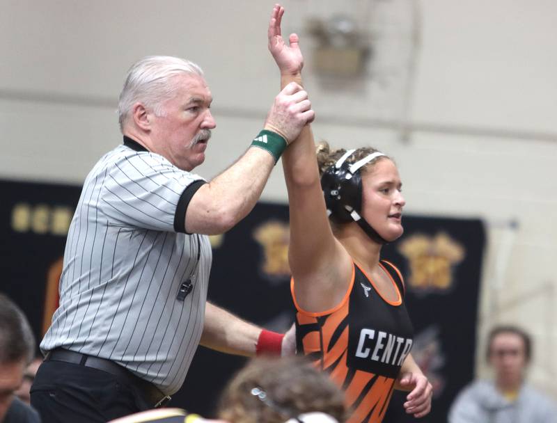 Crystal Lake Central’s Cait Jones is declared the third place winner after pinning Glenbard North’s Suzanne Stalley at 155 pounds in varsity girls IHSA Sectional wrestling on Saturday, February 14, 2026, at Schaumburg High School in Schaumburg.