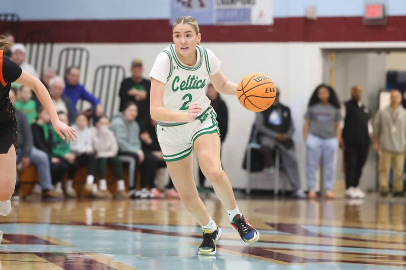Providence’s Eilish Raines makes a move against Washington in the Class 3A Kankakee Super-Sectional game on Monday, March 3, 2026 in Kankakee.