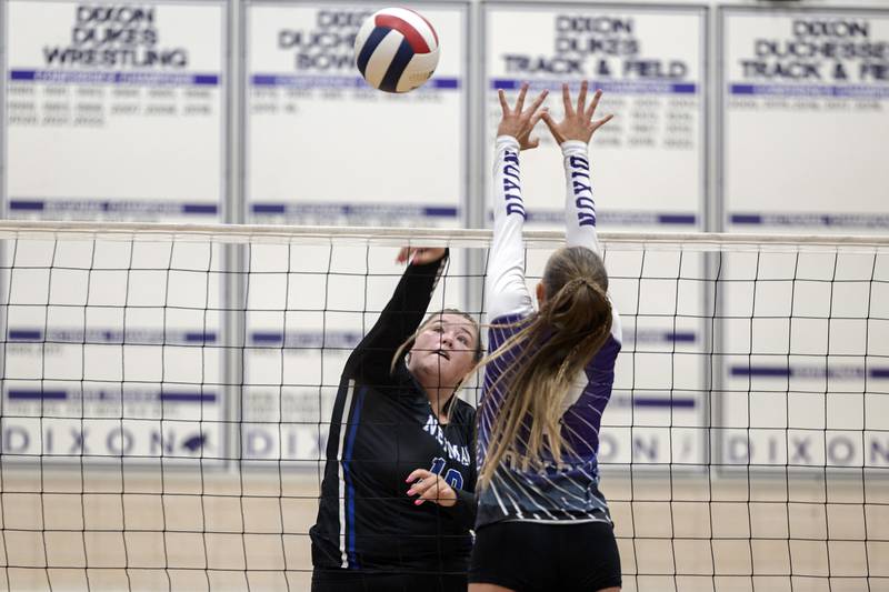 Newman’s Kennedy Rowzee plays a shot Monday, August 28, 2023 during a non-conference match-up in Dixon.