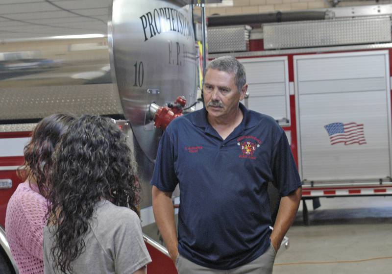 Prophetstown Fire Chief Gerald Armstrong meets visitors at his Open House on Saturday, Aug. 3, 2024 marking his retirement following 40 years of service.