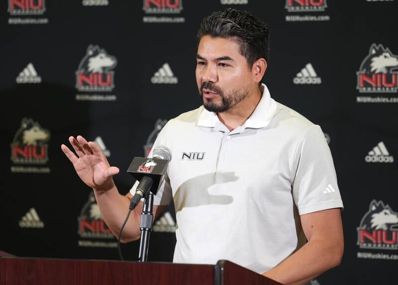 Northern Illinois University women’s cross country head coach Juan Carrillo speaks Tuesday, Aug. 6, 2024, during NIU fall sports media day in the Barsema Hall of Champions at NIU in DeKalb.
