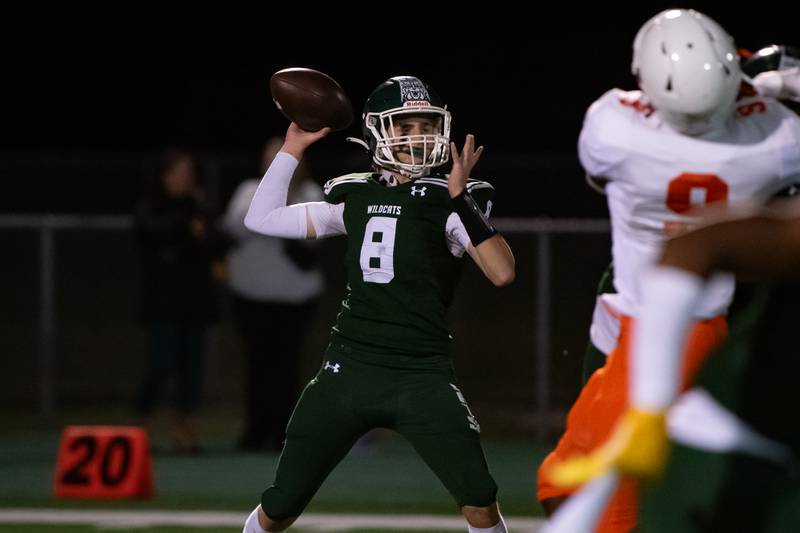 Plainfield Central's Logan Beutel throws a pass during a game against Plainfield East Friday Sept. 27, 2024 at Plainfield Central High School