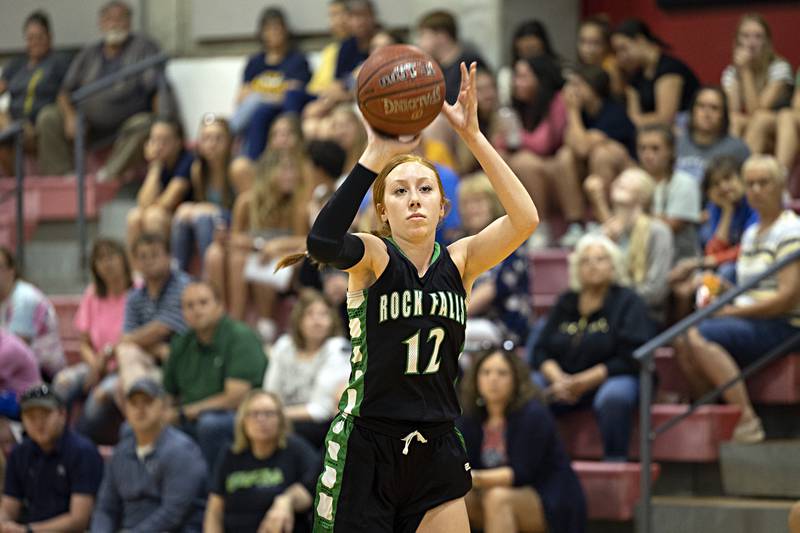 Rock Falls’ Emily Lego puts up a shot in the three point contest Thursday, June 15, 2023 during the Sauk Valley Media All-Star Basketball Classic at Sauk Valley College.