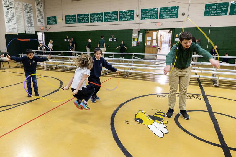 Jumping rope was one of the activities the St. Andrew Catholic School students participated in during their “Warm Up with the Saints” on Thursday, Feb. 2, 2023 in Rock Falls. Other exercise included: push-ups, planks, step climbing and jumping jacks.