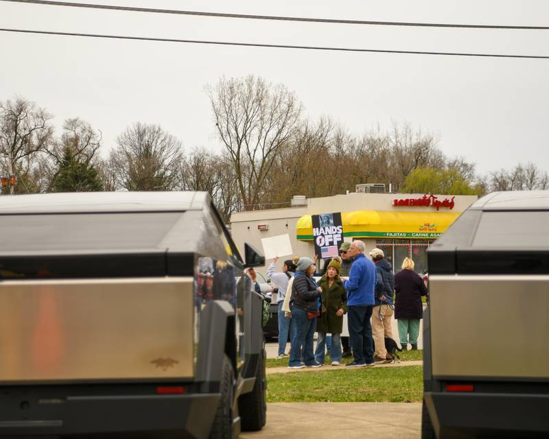Many community members line Ogden Ave. holding signs with the phrase “Hands Off” near the Tesla dealership on Saturday April 5, 2025, in Lisle during the Hands Off Demonstration.