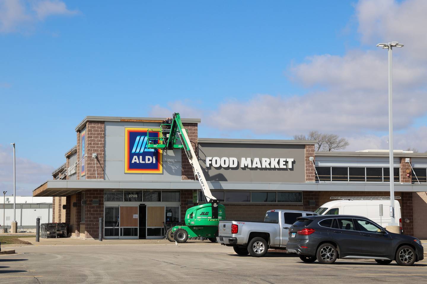 Damage is being repaired at Aldi along South Schuyler Avenue in Kankakee on March 13, 2026, following the March 10 tornado that caused widespread destruction in Kankakee County.