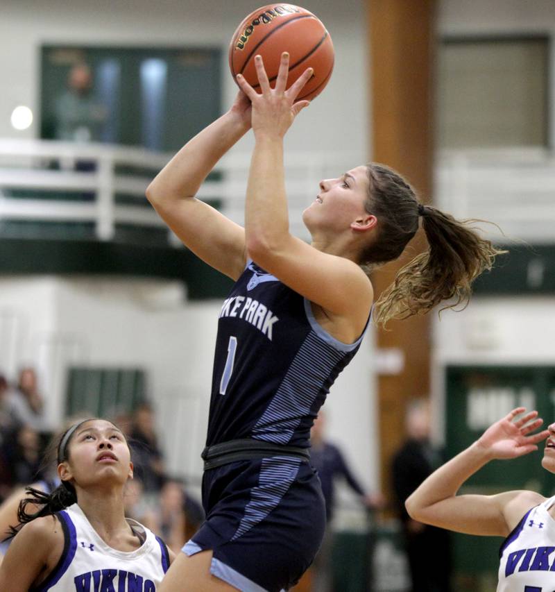 Lake Park’s Michela Barbanente shoots the ball during a Class 4A Glenbard West Sectional semifinal game against Geneva in Glen Ellyn on Tuesday, Feb. 21, 2023.