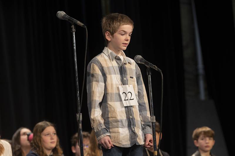 Kings 5th grader Landon Johnson competes Thursday, Feb. 21, 2024 at the Lee-Ogle-Whiteside regional spelling bee. Johnson missed on the word “beguile” in round four.