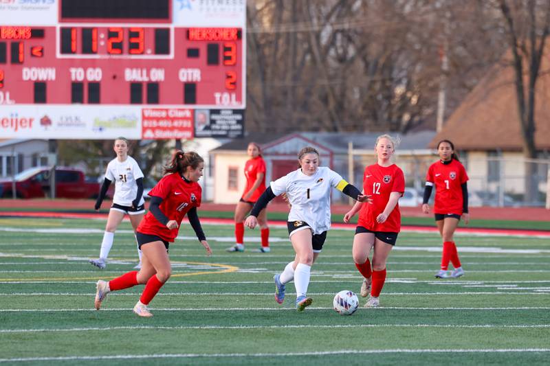 Herscher's Danica Woods brings the ball forward during the Tigers' 4-3 loss to Bradley-Bourbonnais on Monday, April 6, 2026.